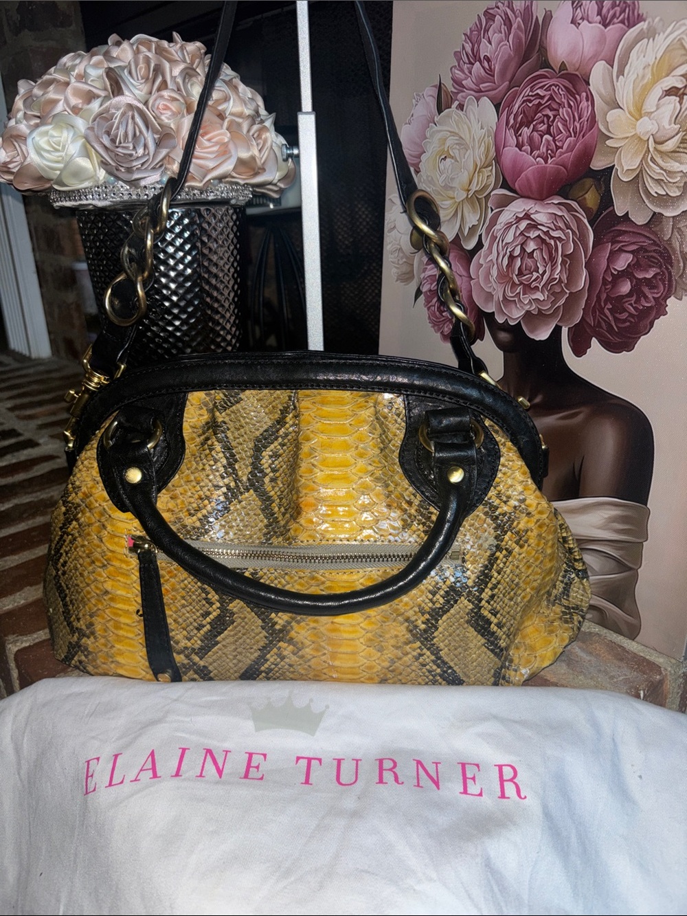 Elaine Turner Yellow Snake-Print Leather Shoulder Bag with Black Trim